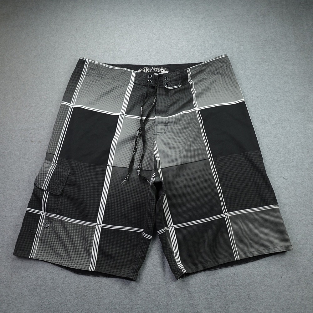 Point Zero Board Shorts Mens XXL Black Grey Plaid Surf Swim Trunks Unlined